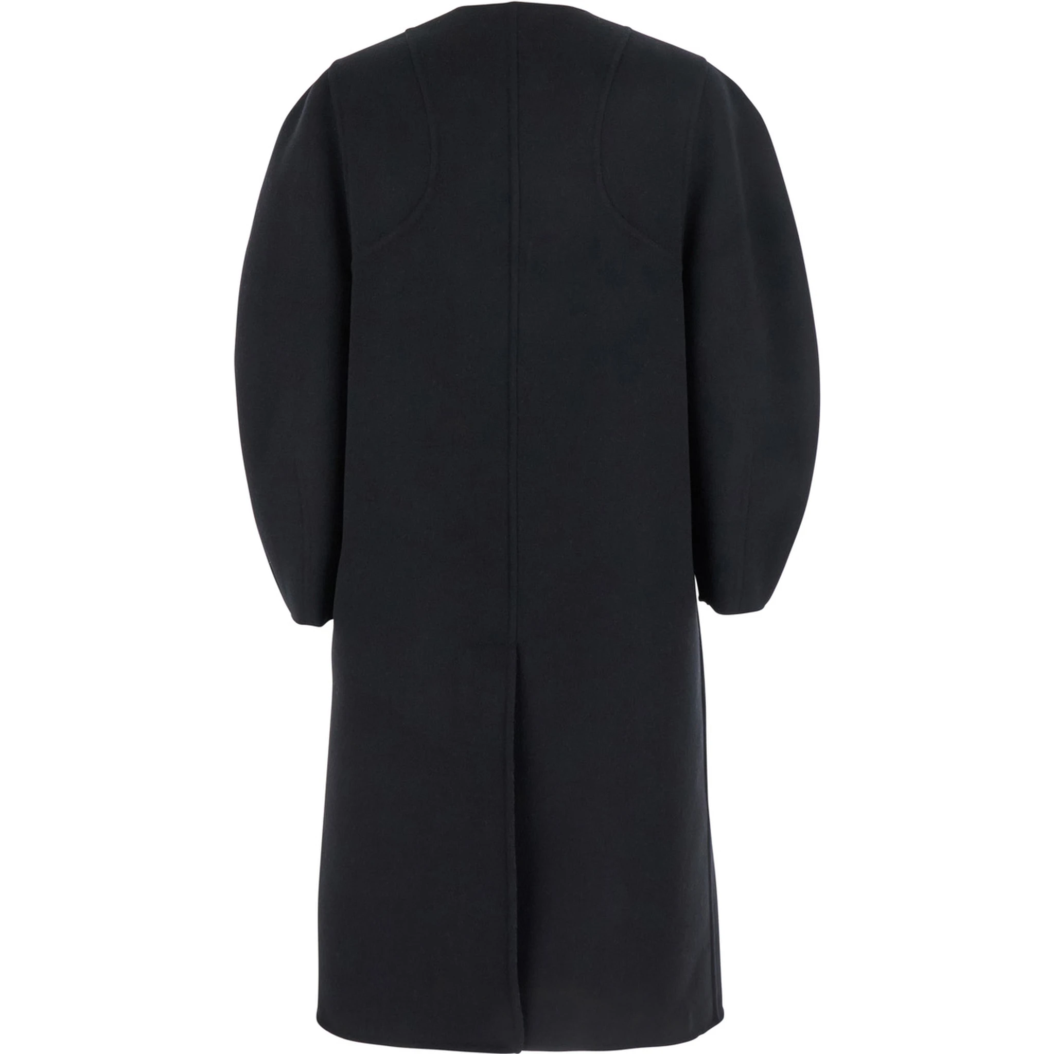 Black Crewneck Coat with Puffed Sleeves and Two Front Shearling Pockets in Wool Blend Woman