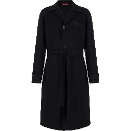 Black Single-Breasted Coat with Wide Notched Revers and Belt in Wool Man