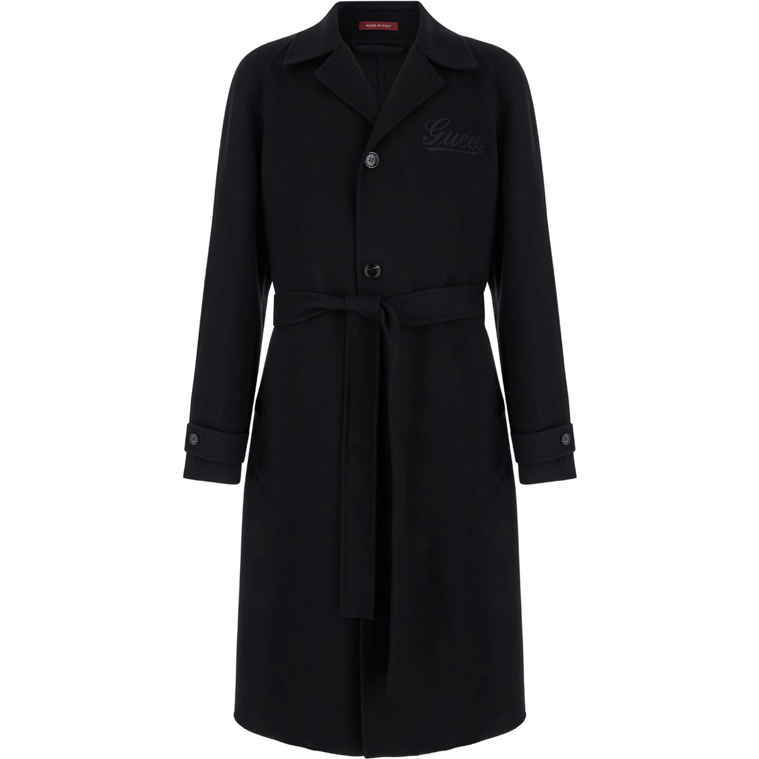 Black Single-Breasted Coat with Wide Notched Revers and Belt in Wool Man