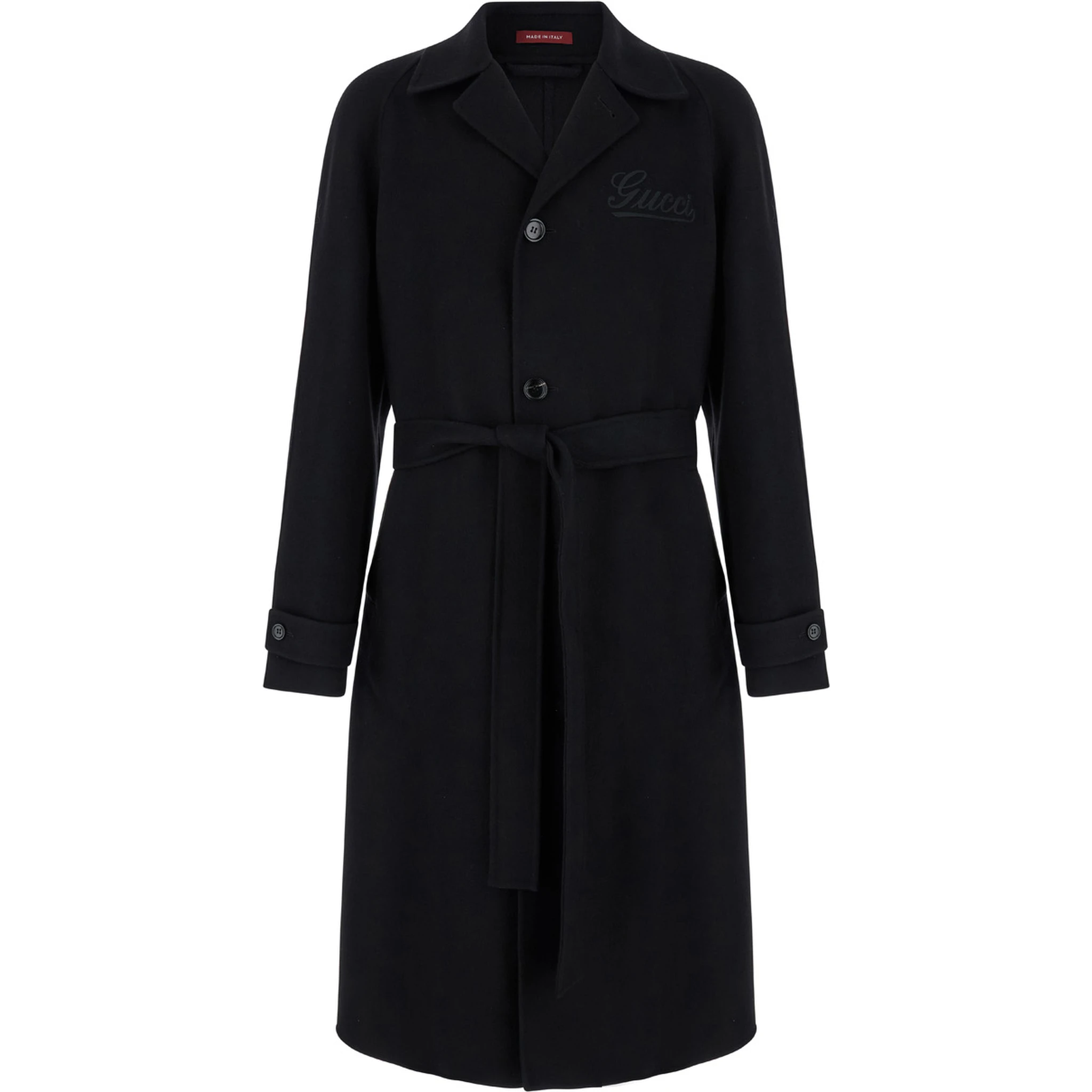 Black Single-Breasted Coat with Wide Notched Revers and Belt in Wool Man
