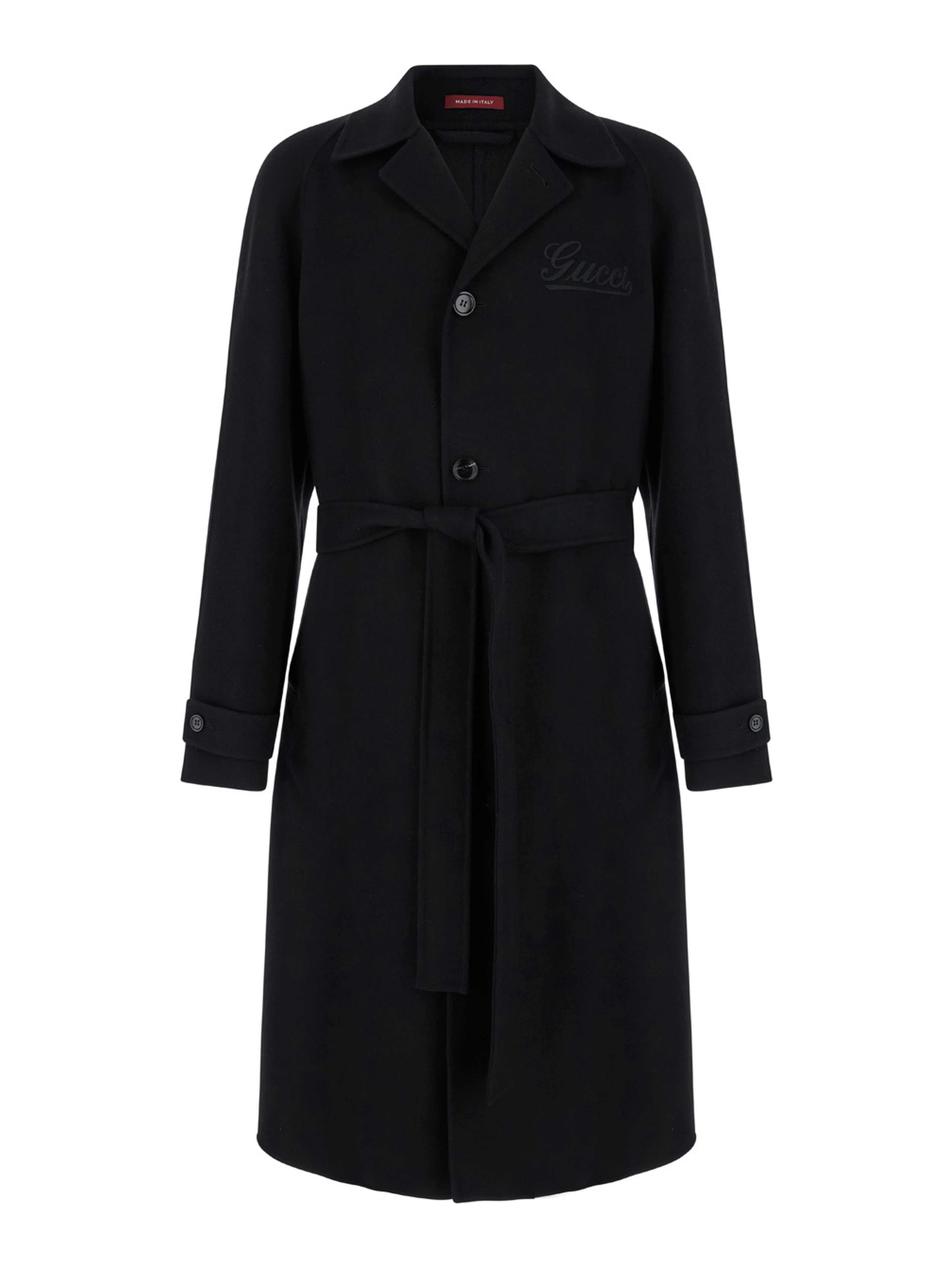 Black Single-Breasted Coat with Wide Notched Revers and Belt in Wool Man