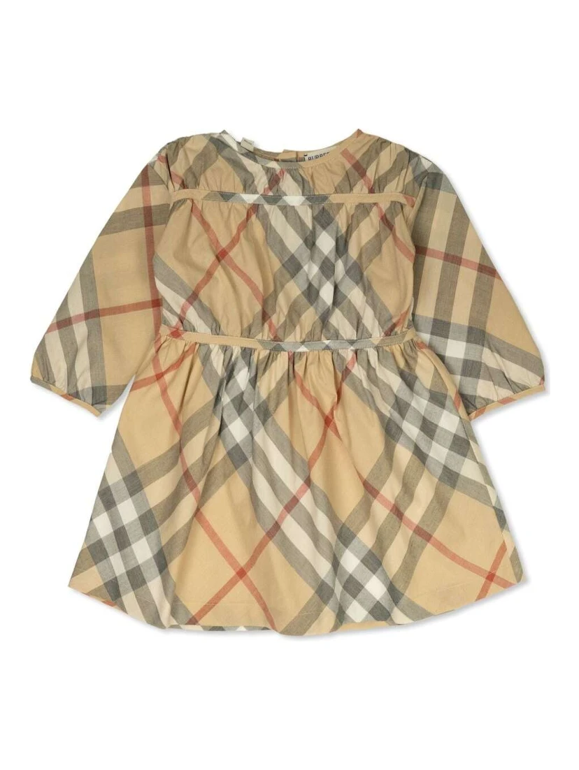 Beige Dress with Check Motif in Cotton Baby