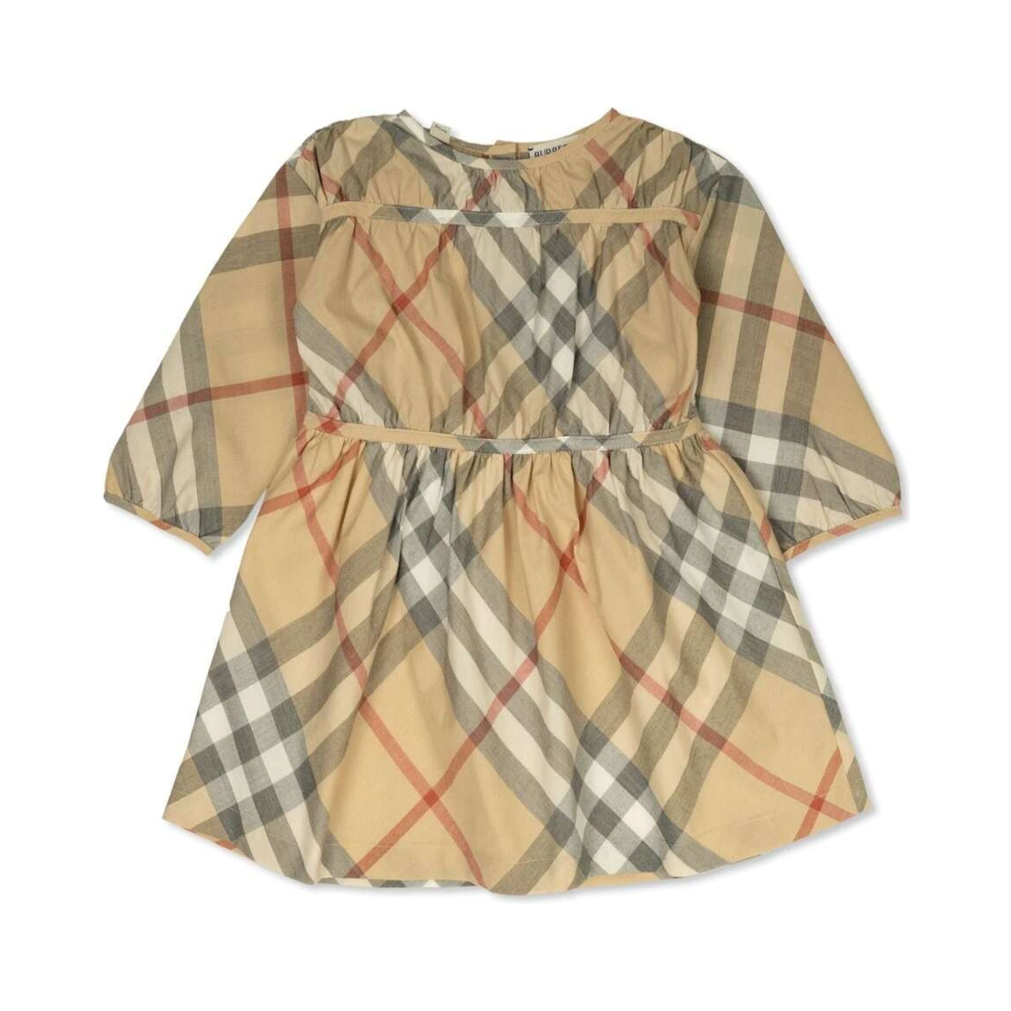 Beige Dress with Check Motif in Cotton Baby