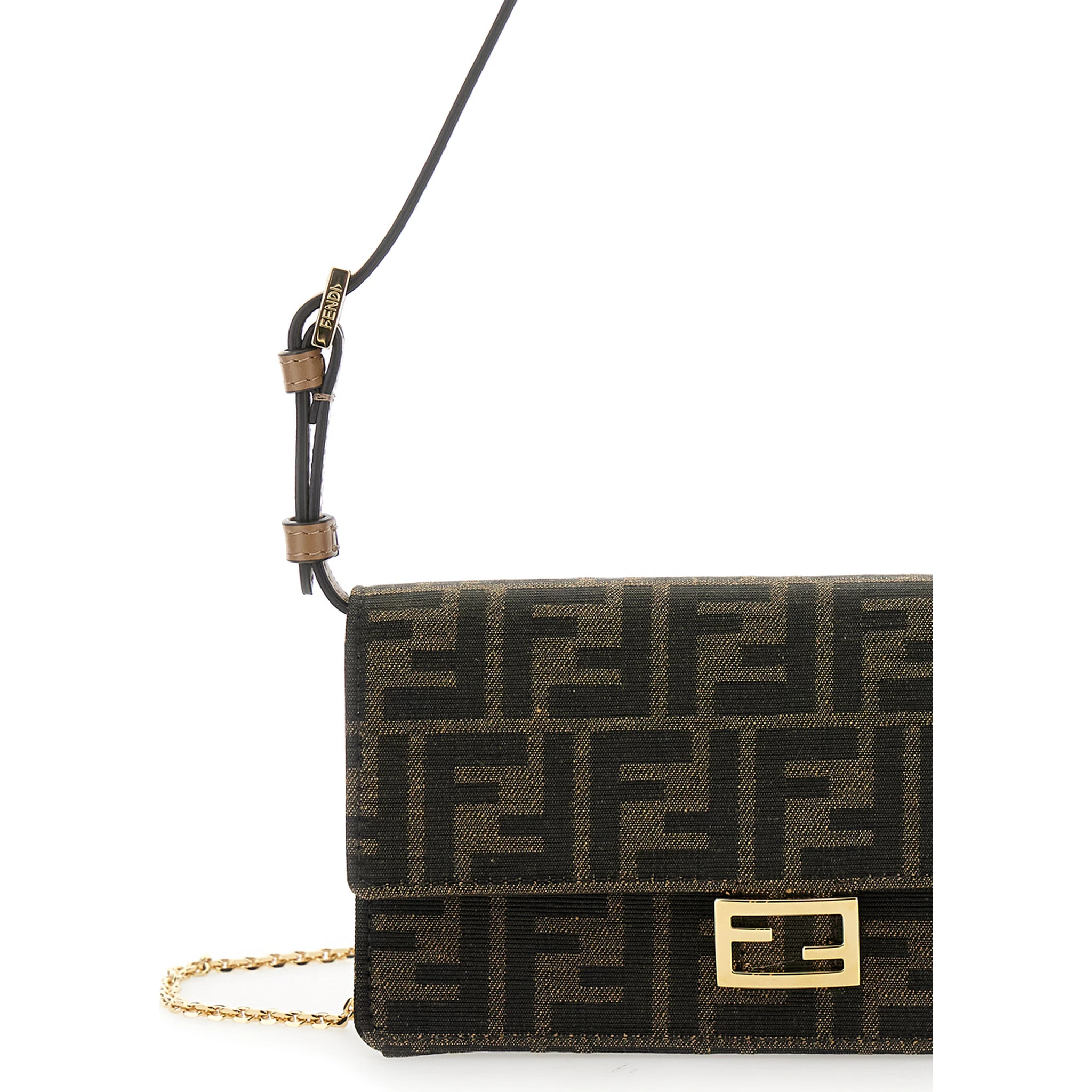 Baguette Brown Wallet on Chain with FF Closure in Canvas Woman