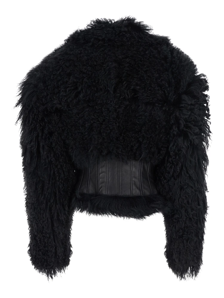 Black Sheepskin Coat with Leather Details in Fur Woman alternative