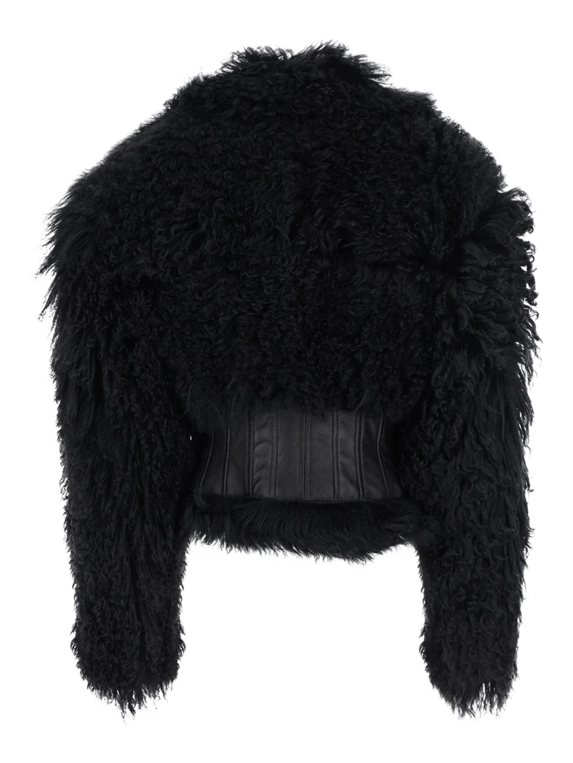 Black Sheepskin Coat with Leather Details in Fur Woman