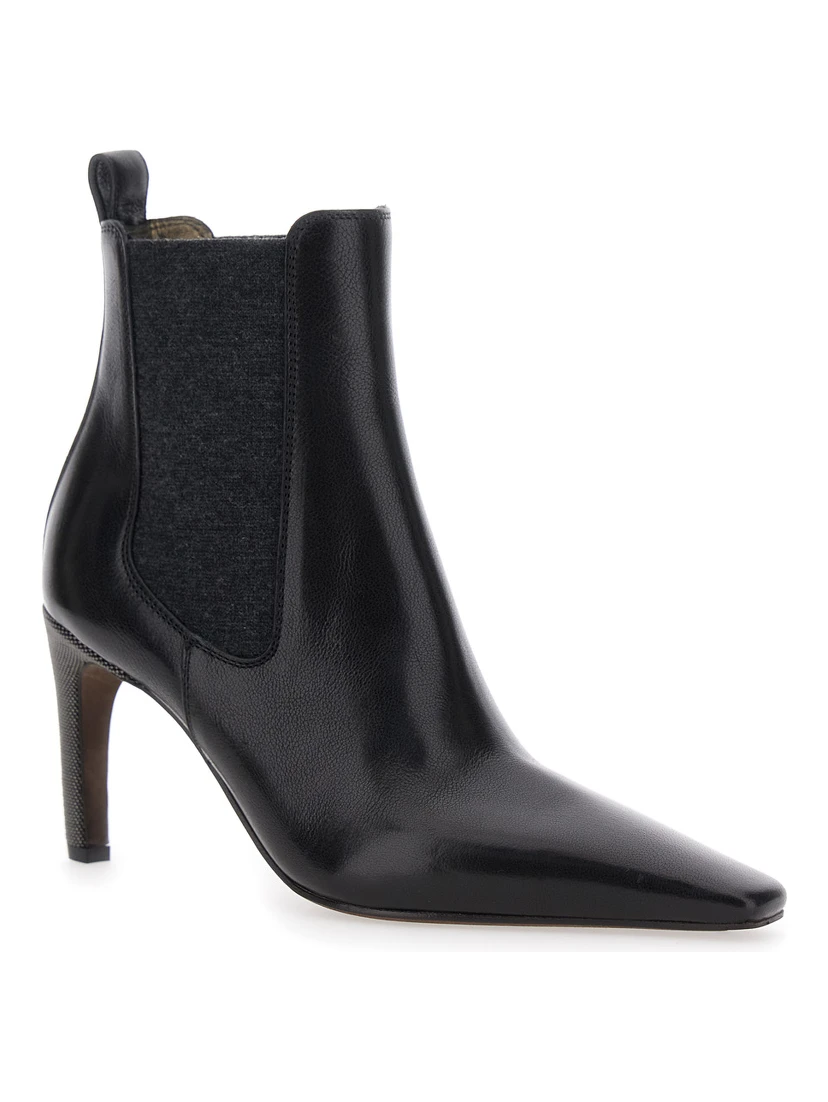 Black Boots with Square Toe and High Stiletto Heel in Leather Woman