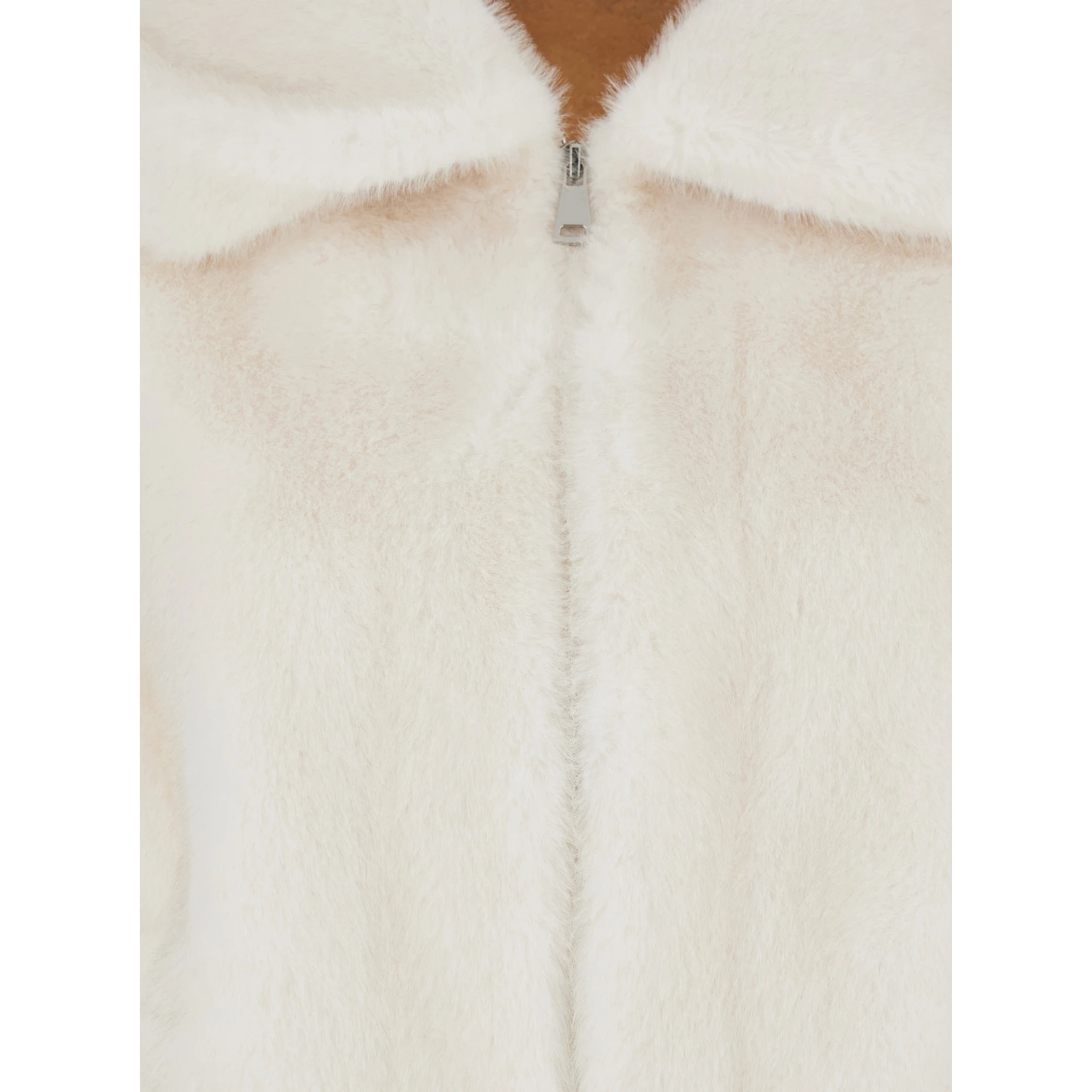 Annie White Fur Jacket with Spread Collar and Front Zip Closure in Ecofur Woman