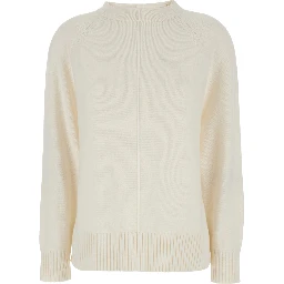 Toldim White Crewneck Sweater with Middle Stitch Detail in Cashmere Woman