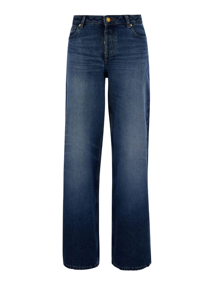 Elisabeth Blue Straight Jeans with Branded Button in Denim Woman