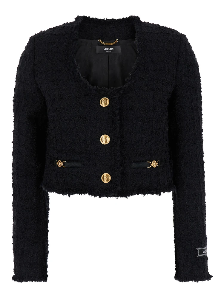 Black Crop Jacket with Jewel Buttons in Tweed Woman