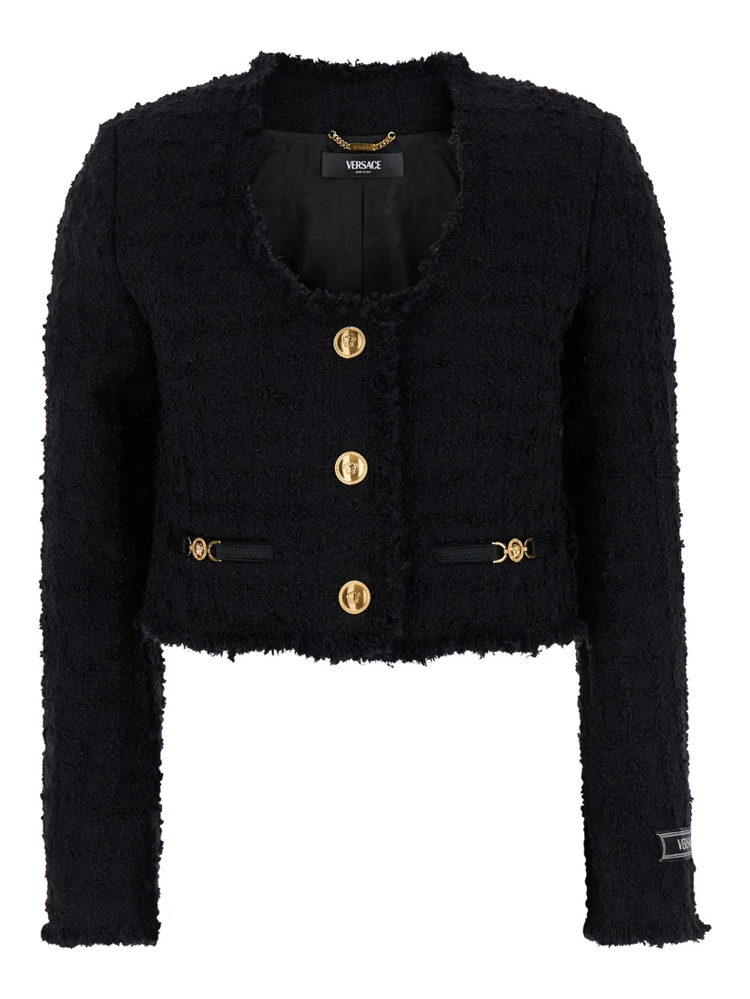 Black Crop Jacket with Jewel Buttons in Tweed Woman