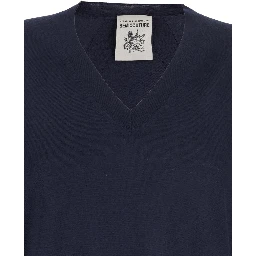 كنزة زرقاء بياقة على شكل حرف V وحواف مضلعة من الصوف للنساء