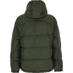 Green Down Jacket with Fixed Hood and Embroidered Pony Logo on Chest in Tech Fabric Man