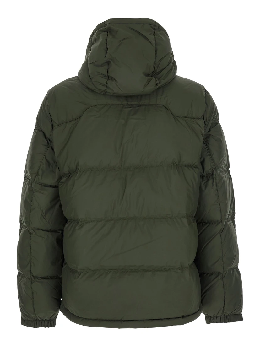 Green Down Jacket with Fixed Hood and Embroidered Pony Logo on Chest in Tech Fabric Man