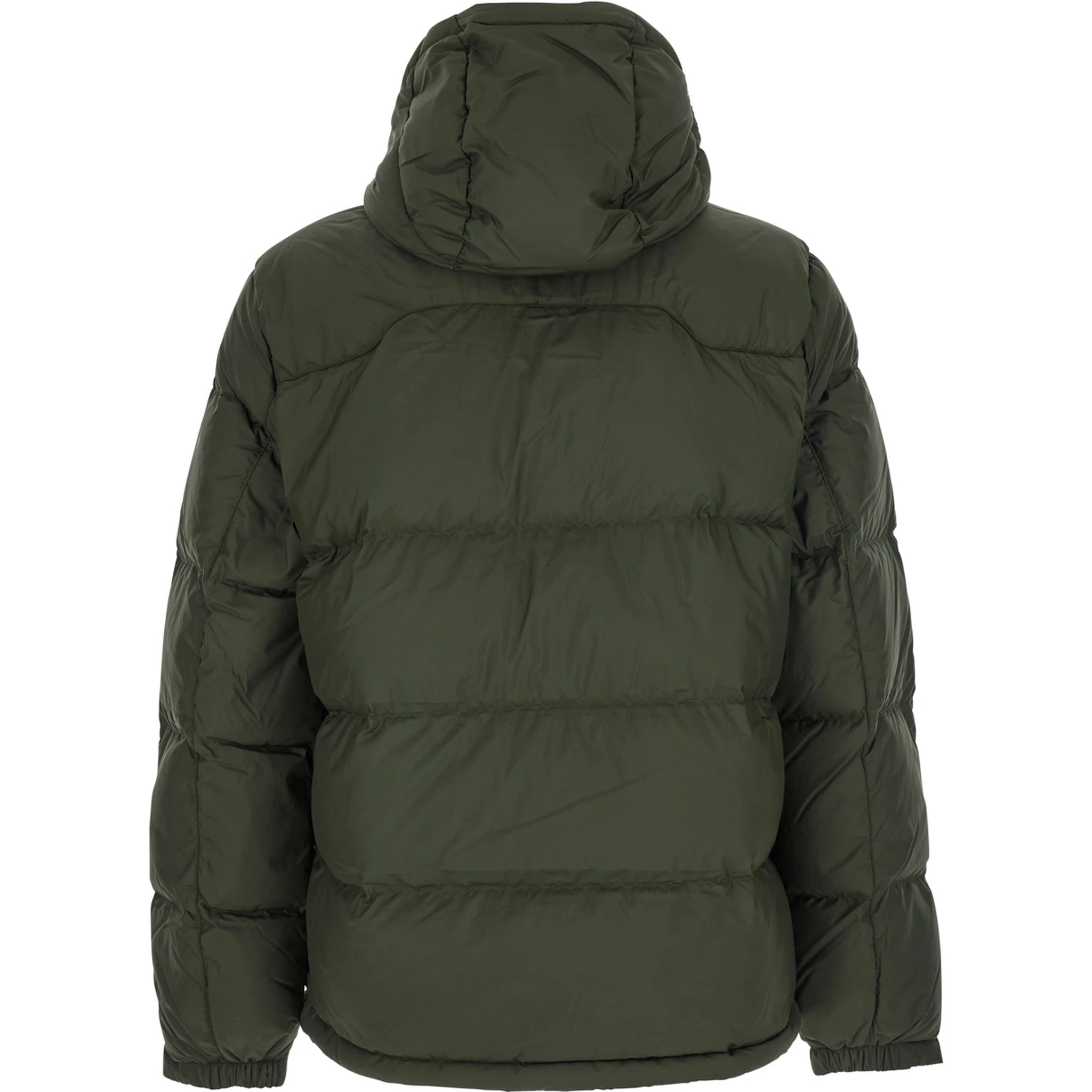 Green Down Jacket with Fixed Hood and Embroidered Pony Logo on Chest in Tech Fabric Man