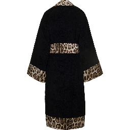 Black Kimono Bathrobe with Leopard Trim in Cotton Dolce & Gabbana
