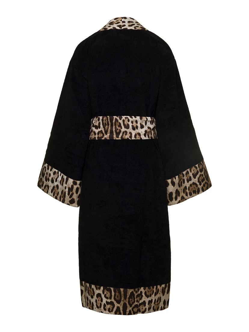 Black Kimono Bathrobe with Leopard Trim in Cotton Dolce & Gabbana