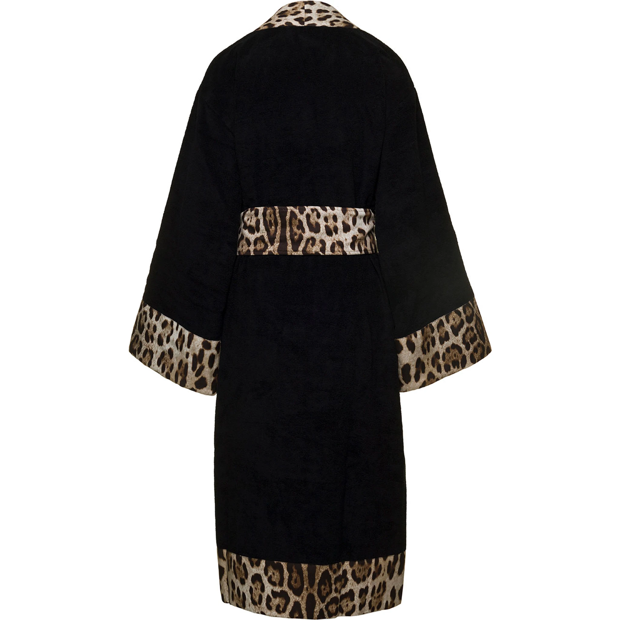 Black Kimono Bathrobe with Leopard Trim in Cotton Dolce & Gabbana