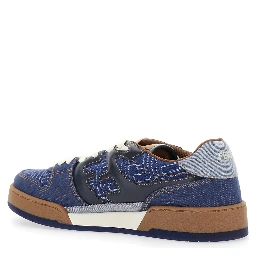 Blue Low Top Sneakers with Logo Patch on the Tongue in FF Canvas and Leather Man