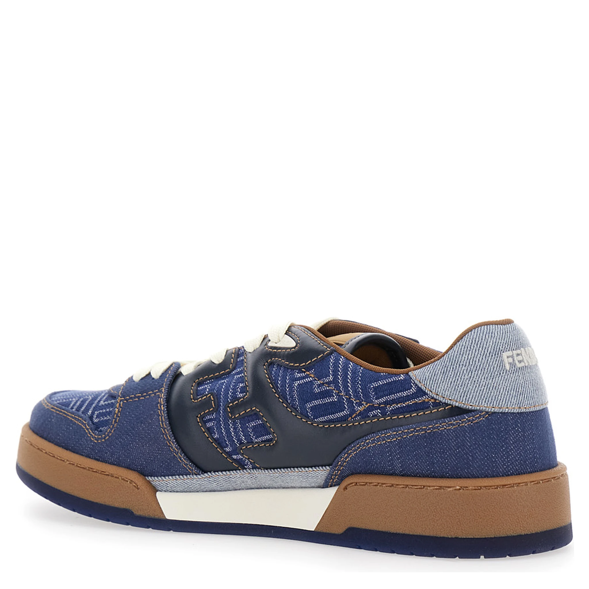 Blue Low Top Sneakers with Logo Patch on the Tongue in FF Canvas and Leather Man