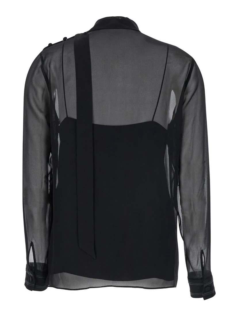 Black Blouse with High Pussy Bow Neck in Silk Georgette Woman