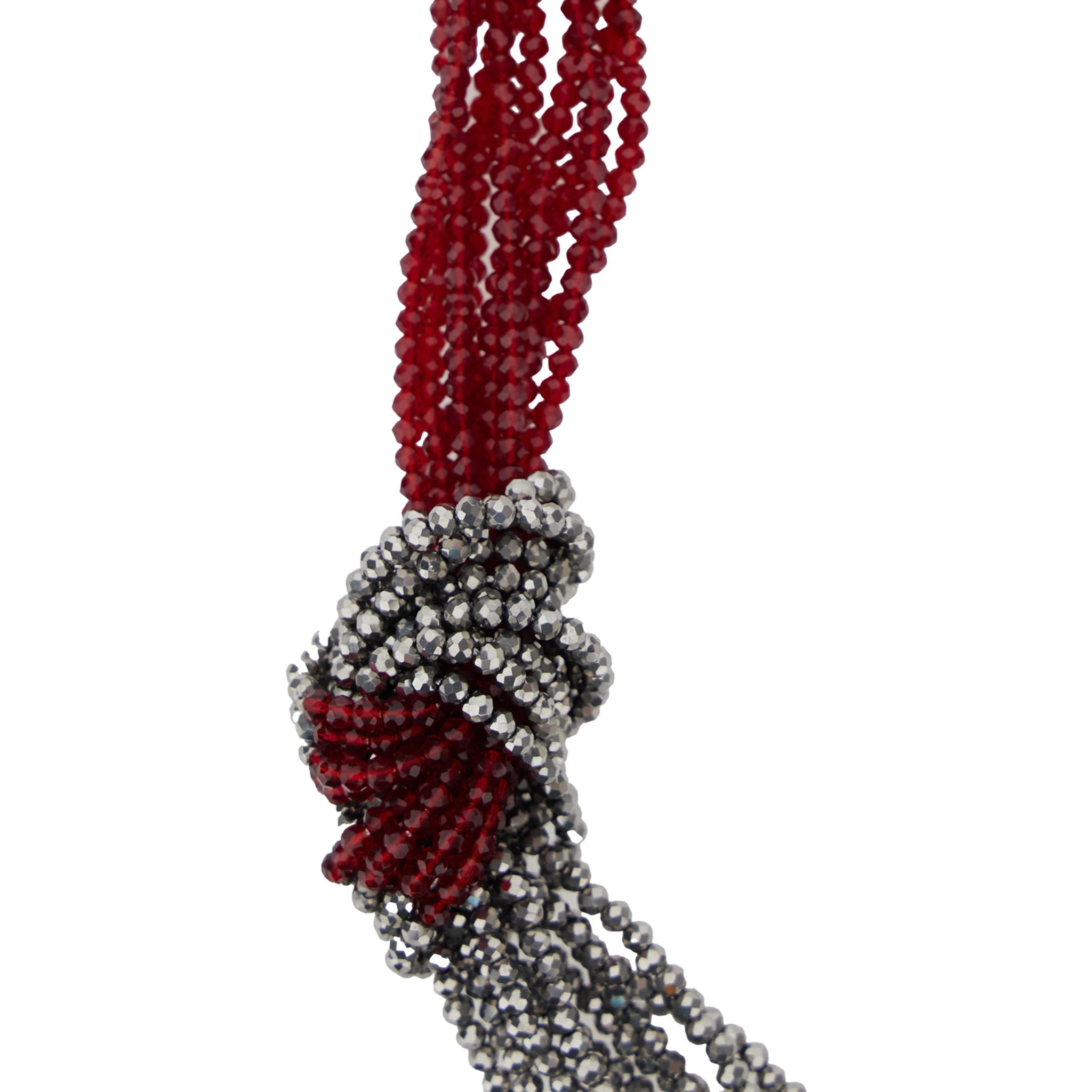 Metallic Necklace with Beaded Design and Strap in Fabric and Beads Woman