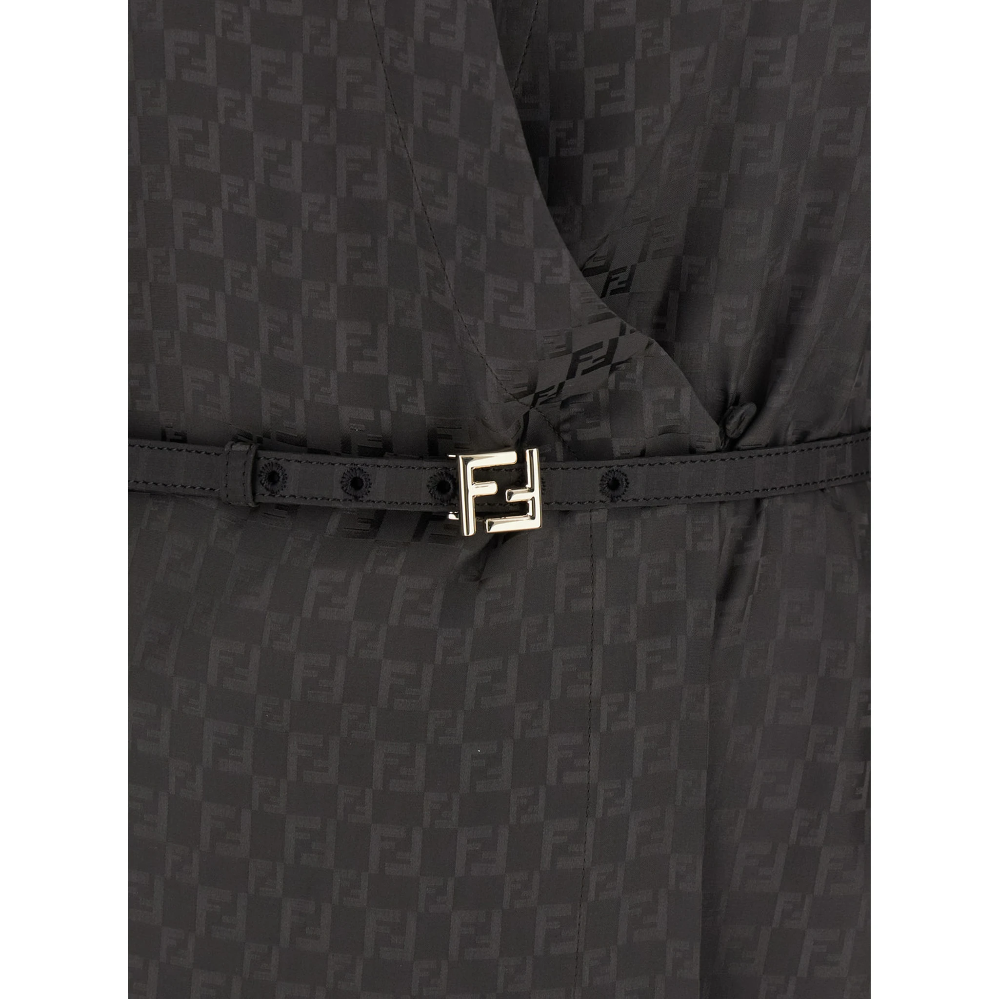 Brown Dress with All-Over FF Motif and Belt with Plaque at the Waist in Silk Woman