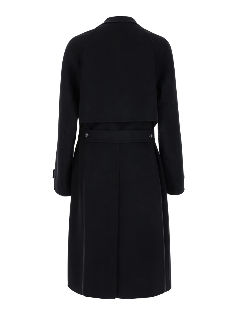 Black Single-Breasted Coat with Wide Notched Revers and Belt in Wool Man