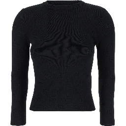 Black Sweater with All-Over BB Motif in Open Knit Wool Woman