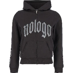 Black Zip-Up Hoodie with No Logo Gothic Print in Jersey Woman