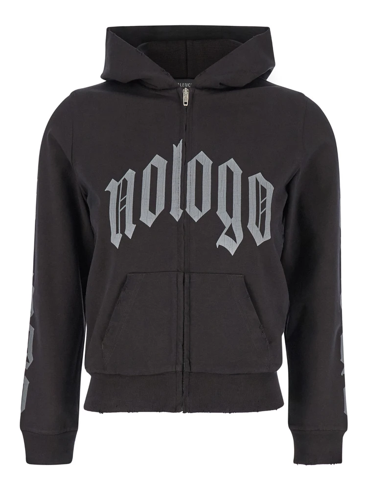 Black Zip-Up Hoodie with No Logo Gothic Print in Jersey Woman