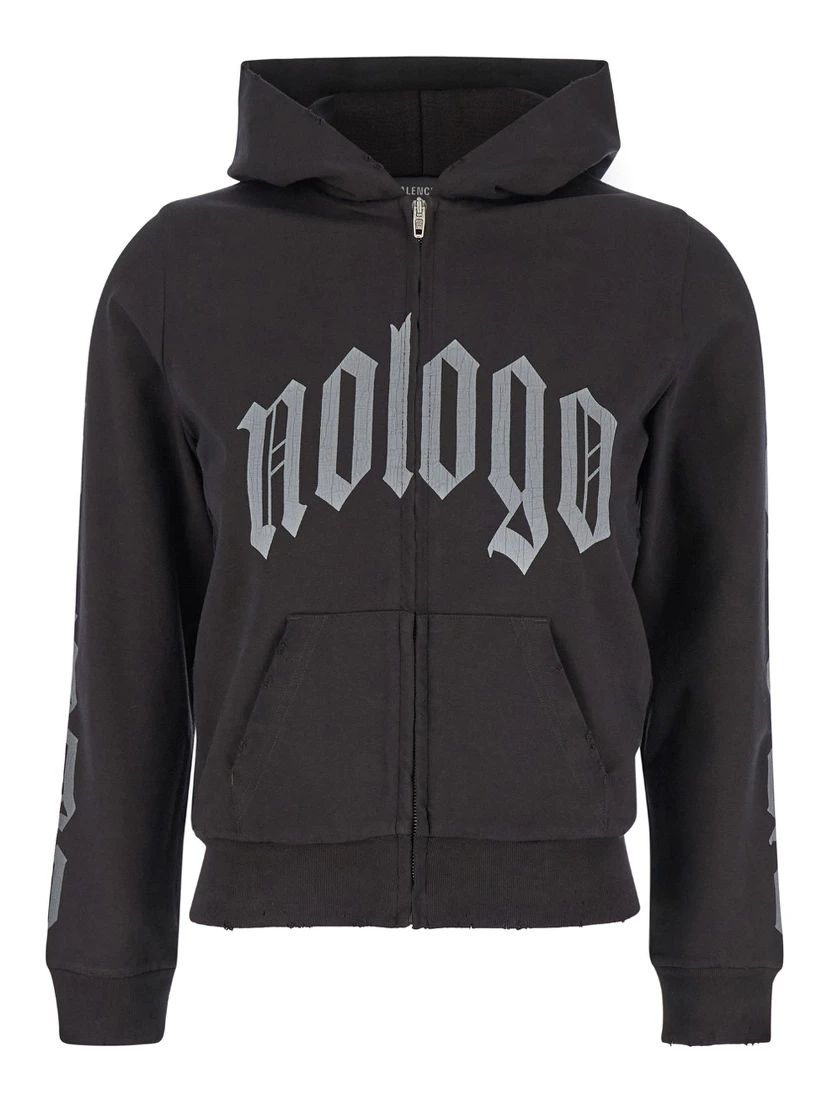 Black Zip-Up Hoodie with No Logo Gothic Print in Jersey Woman