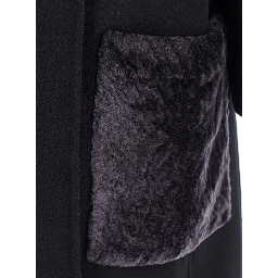 Black Crewneck Coat with Puffed Sleeves and Two Front Shearling Pockets in Wool Blend Woman