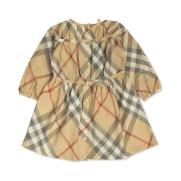 Beige Dress with Check Motif in Cotton Baby