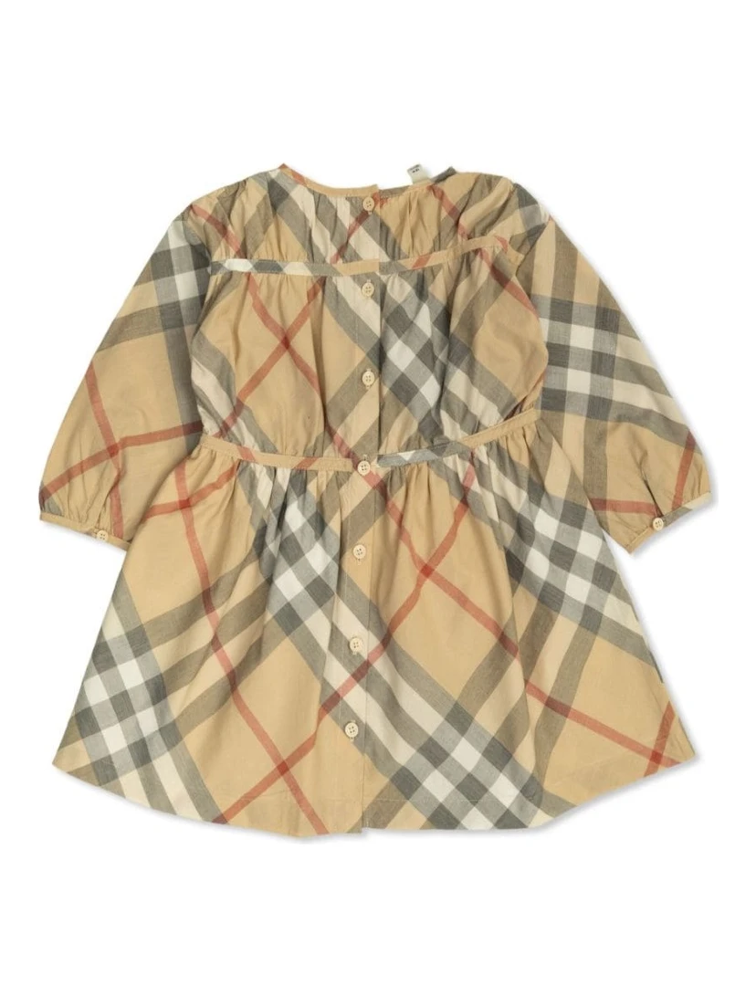 Beige Dress with Check Motif in Cotton Baby