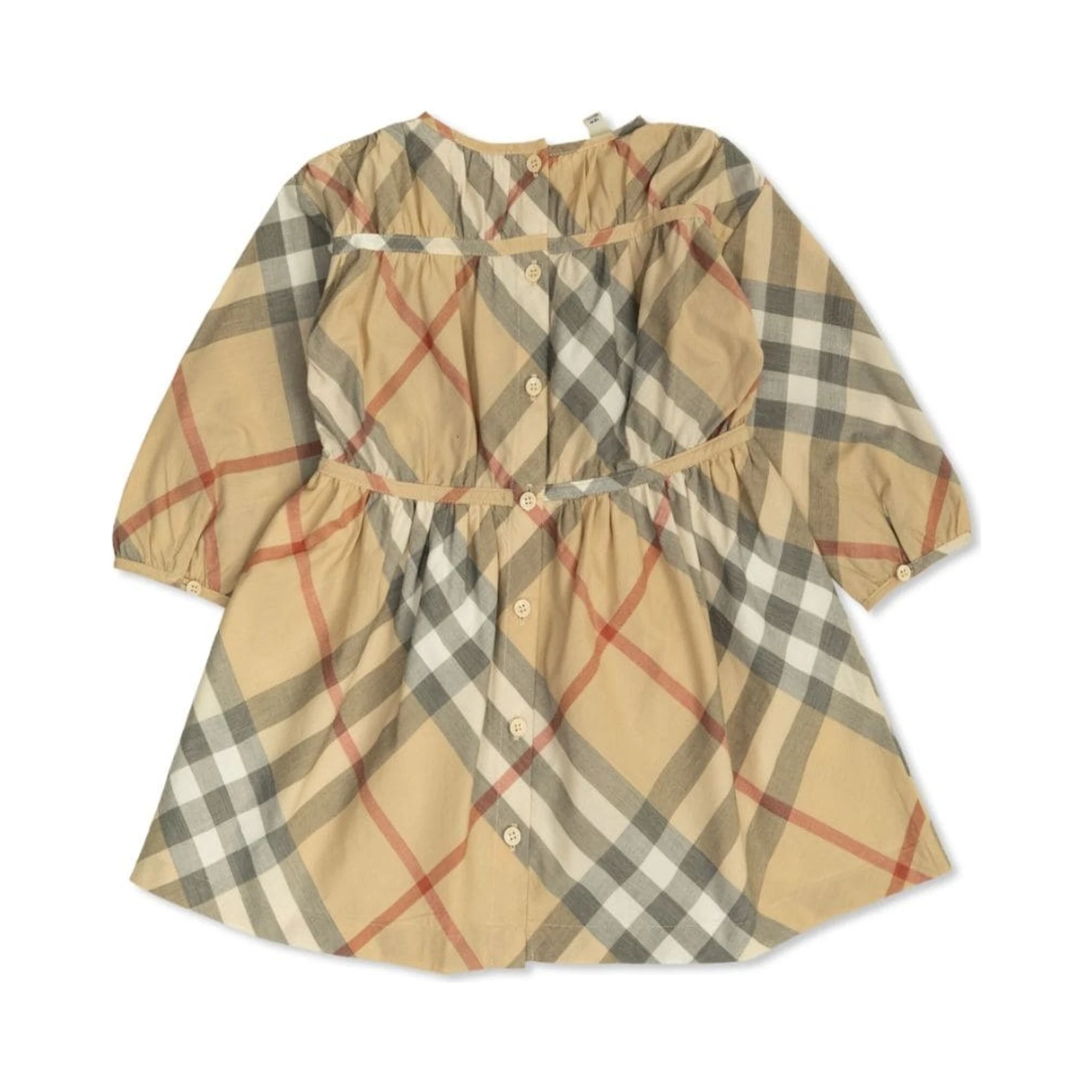 Beige Dress with Check Motif in Cotton Baby