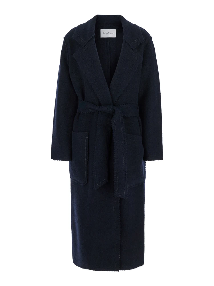 Jene Long Blue Coat with Belt in Wool and Cashmere Woman