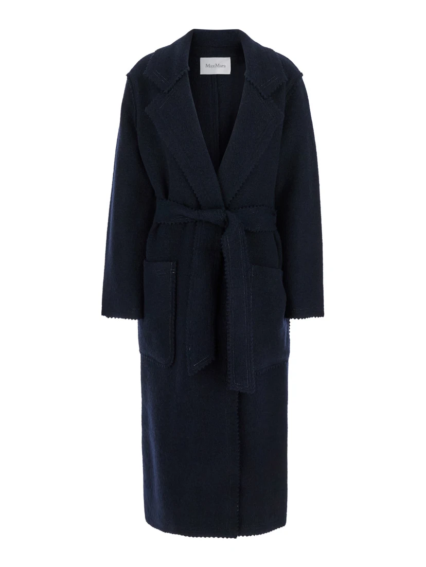 Jene Long Blue Coat with Belt in Wool and Cashmere Woman