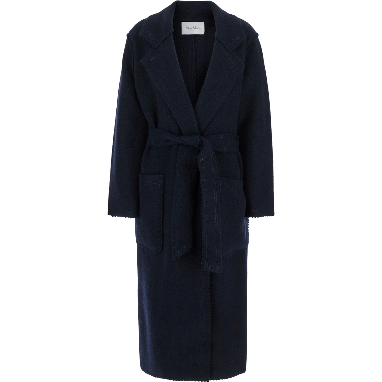 Jene Long Blue Coat with Belt in Wool and Cashmere Woman