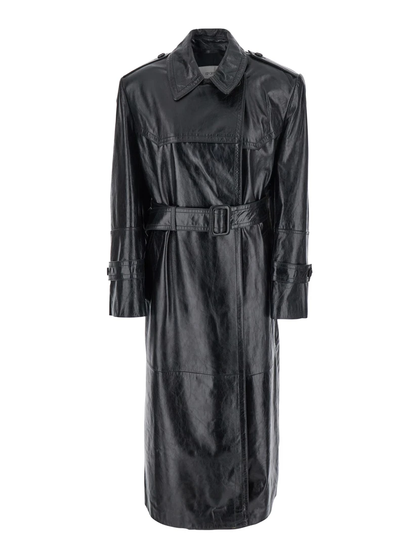 Alfeo Black Trench with Waist Belt in Leather Woman