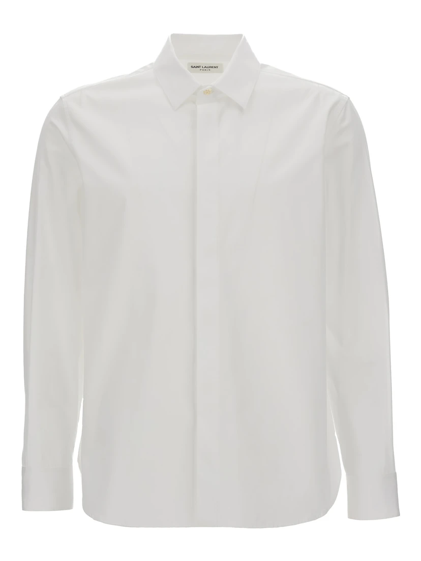 White Pointed Collar Long Sleeve Shirt in Cotton Man