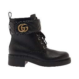 Black Ankle Boot with Double G and Textured Hardware in Leather Woman