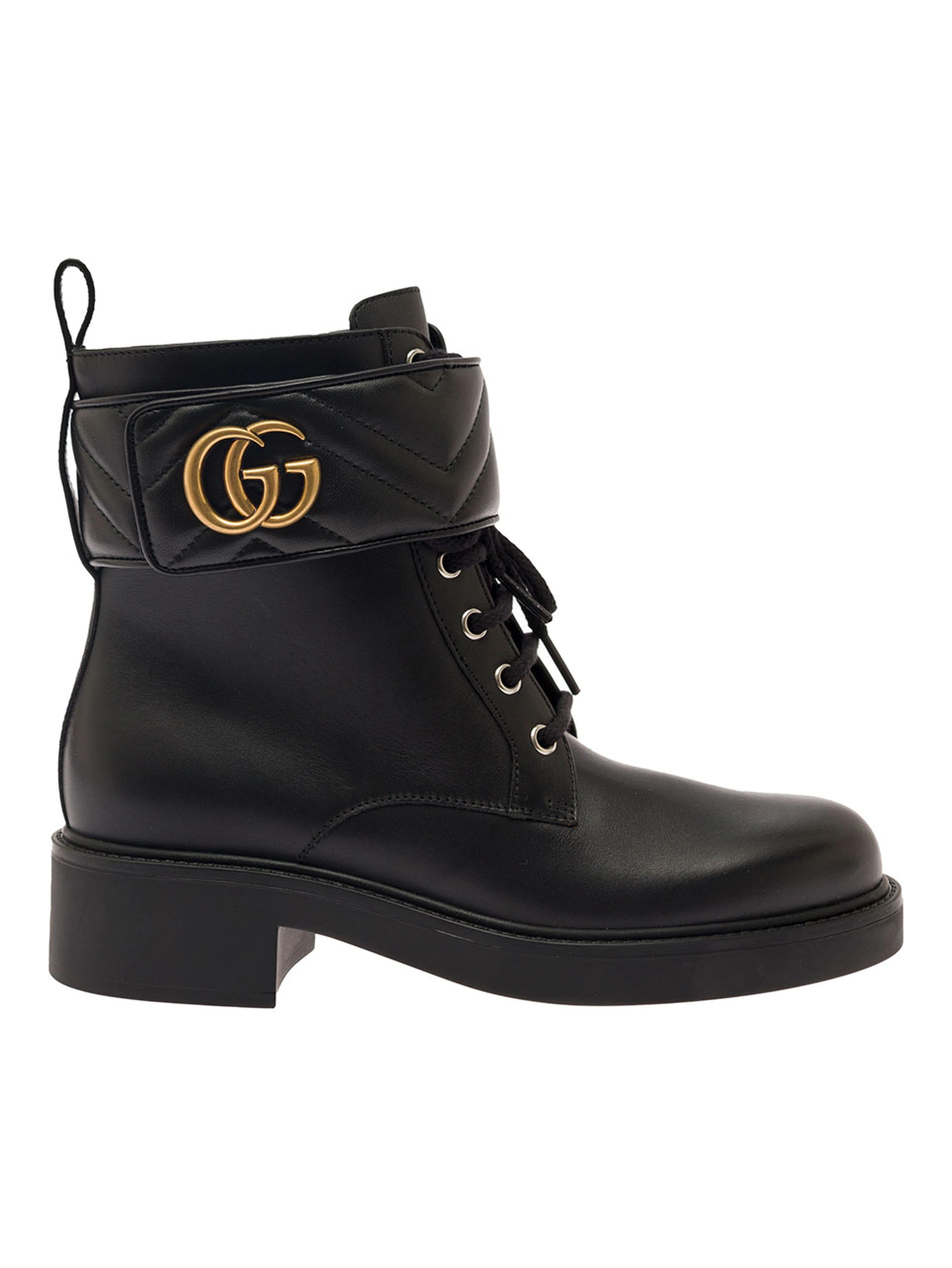 Black Ankle Boot with Double G and Textured Hardware in Leather Woman
