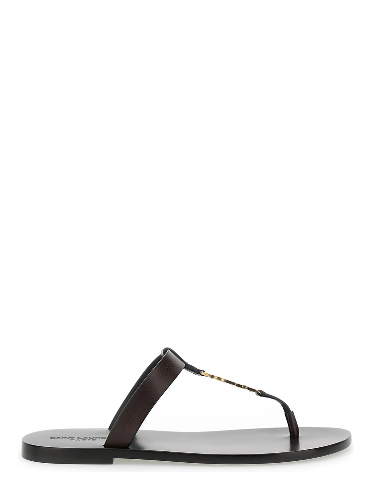 Cassandre Brown Flat Sandals with a T-Strap in Leather Woman