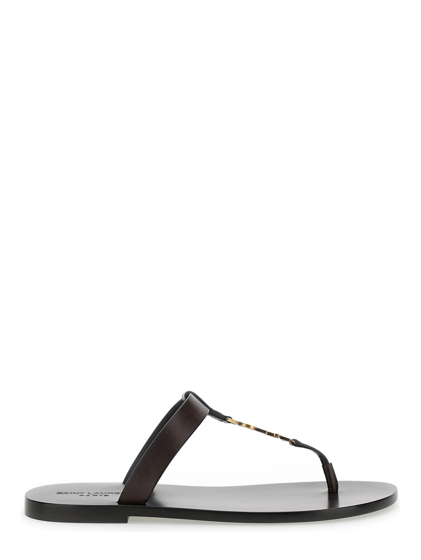 Cassandre Brown Flat Sandals with a T-Strap in Leather Woman