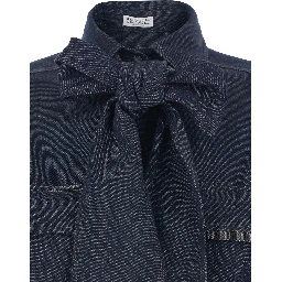 Blue Shirt with Bow Detail and Button Closure in Denim Woman