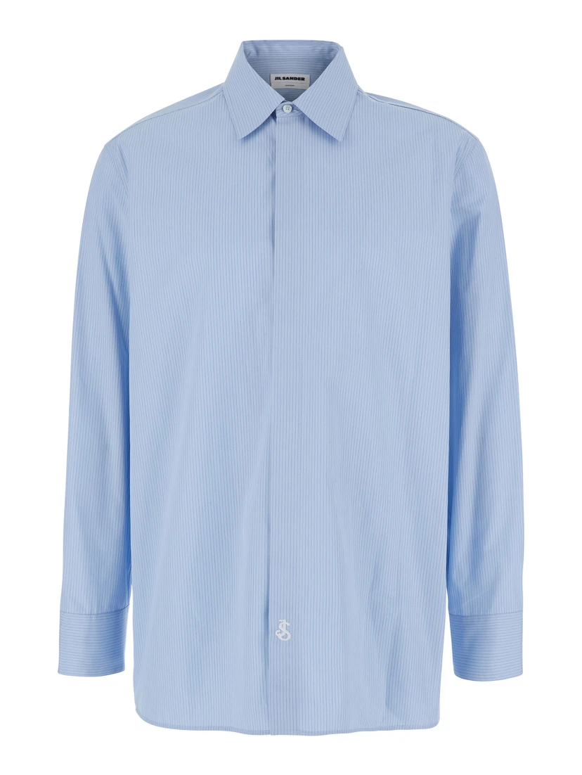 Light-Blue Pinstriped Shirt with Pointed Collar in Cotton Man
