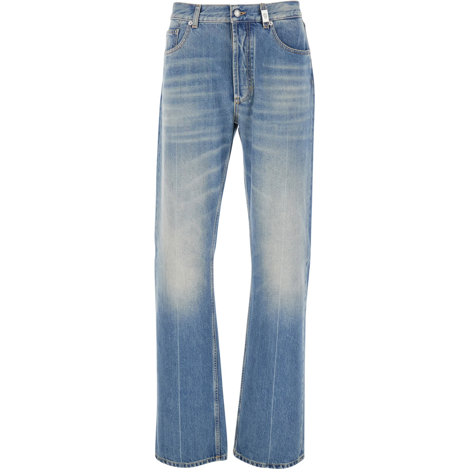 Blue High Waisted Jeans with Logo Detail on the Loop and Logo Patch on the Rear in Denim Man
