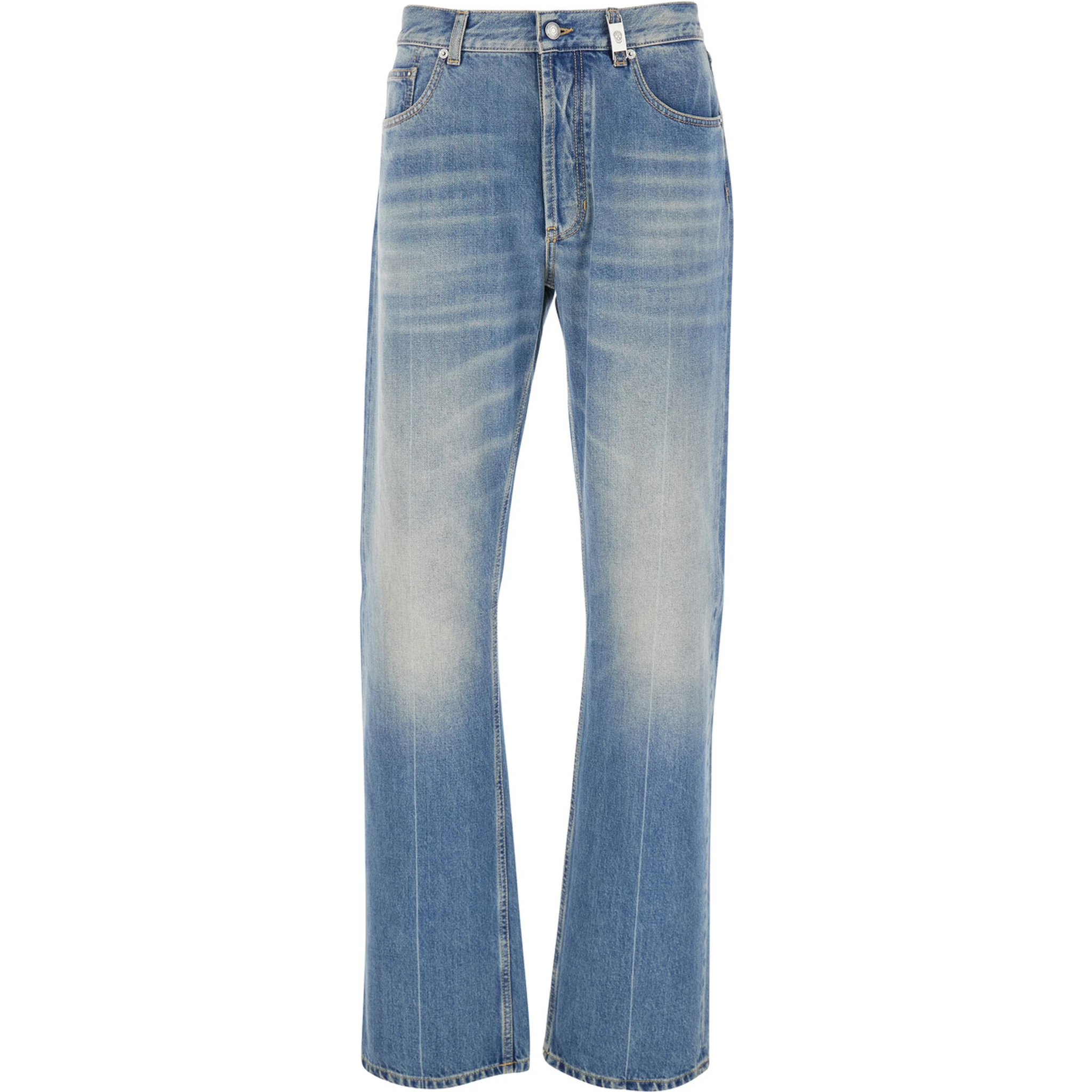 Blue High Waisted Jeans with Logo Detail on the Loop and Logo Patch on the Rear in Denim Man